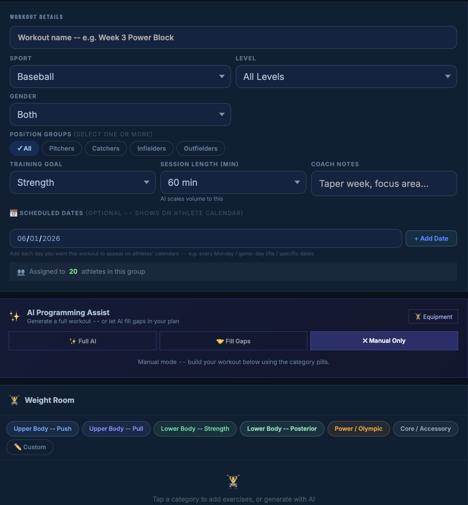 Weight room programming builder with AI assist
