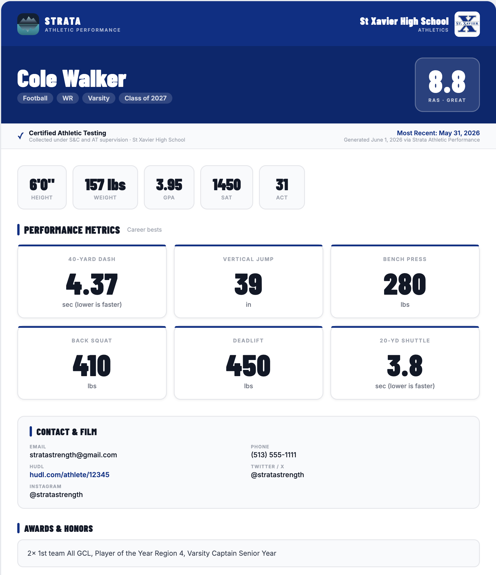 College recruiting one-pager with RAS score, combine metrics, academics, contact, film links, and awards