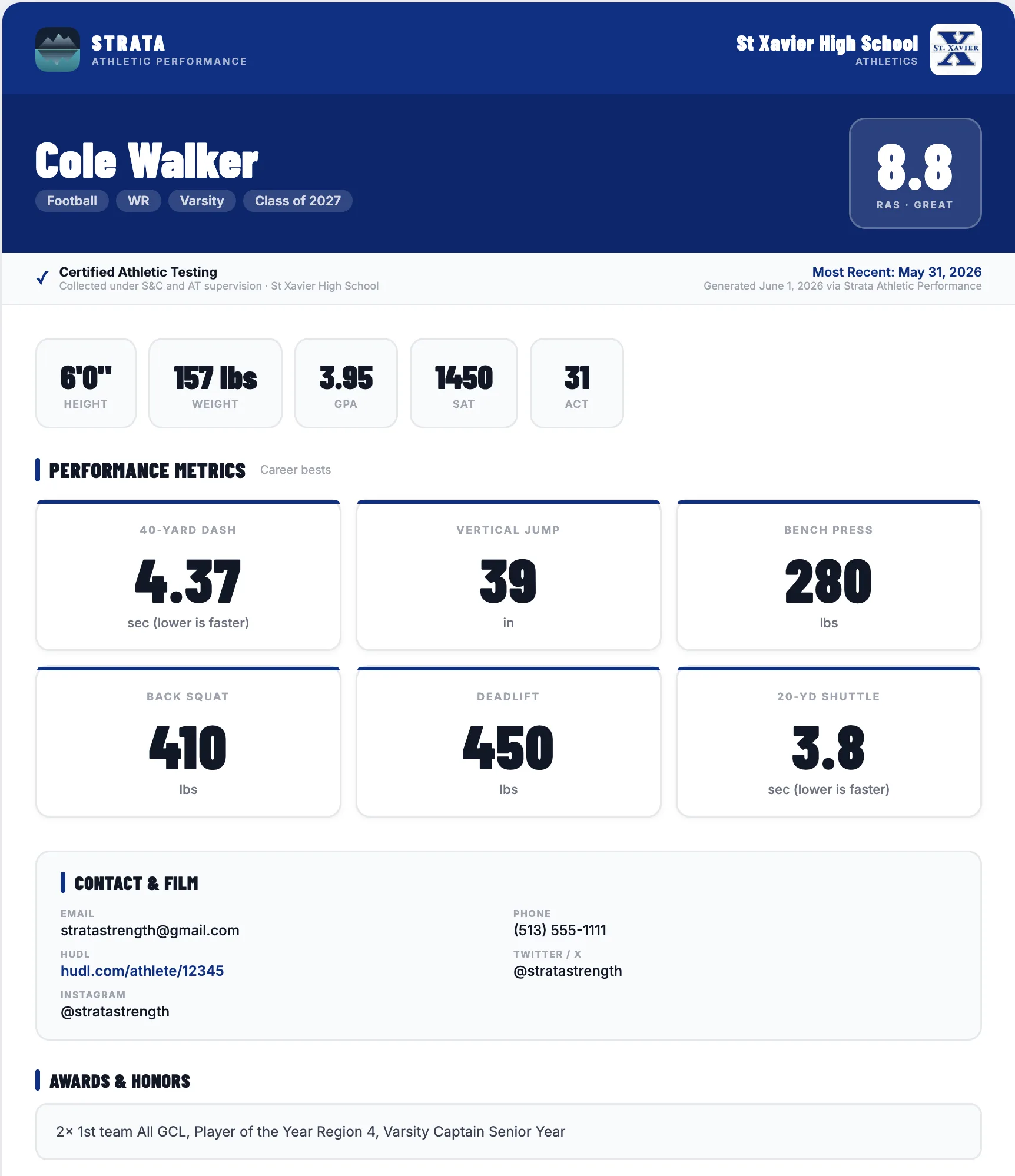 College recruiting one-pager with RAS score, combine metrics, academics, contact, film links, and awards