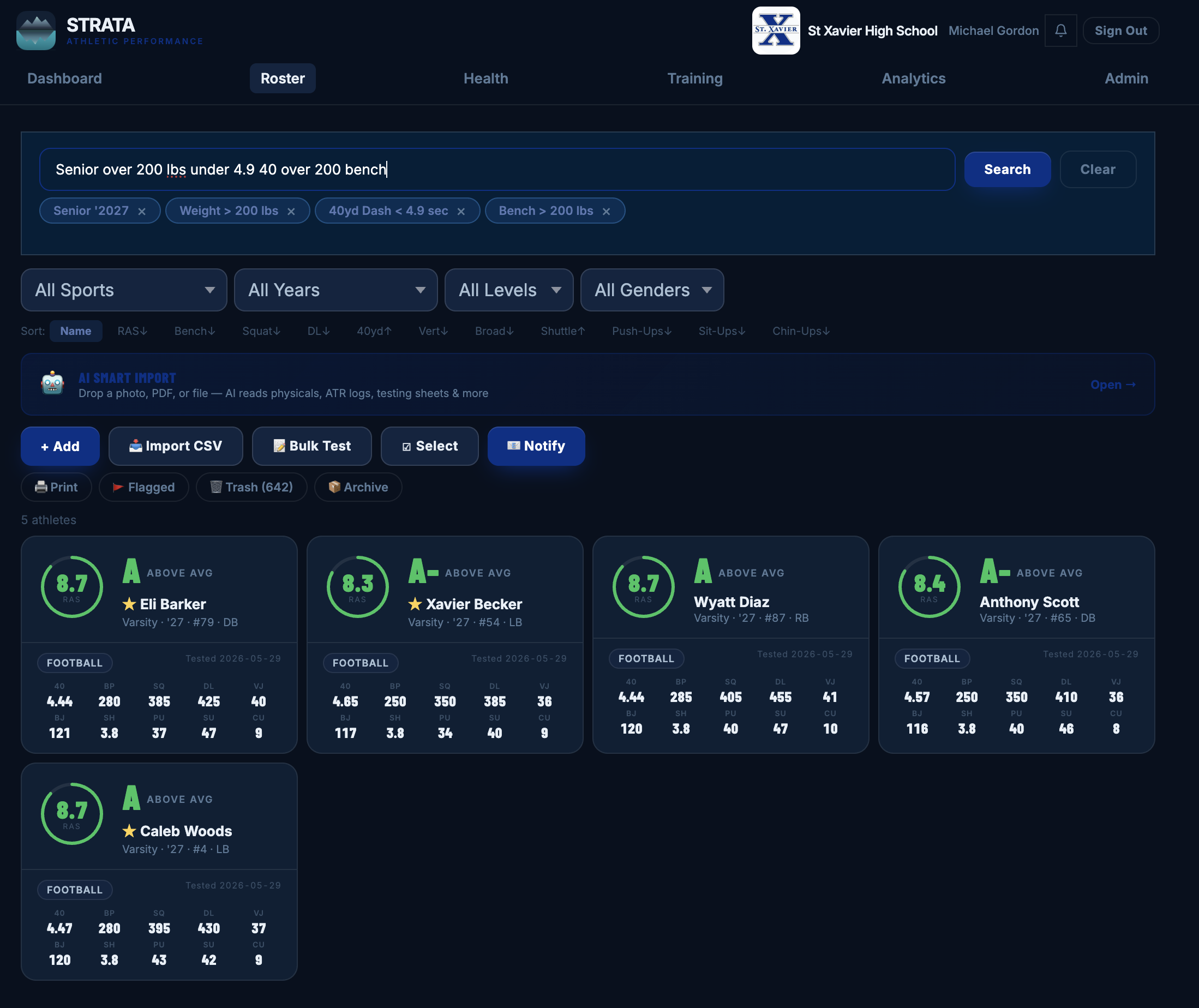 Roster search bar with a plain-English query turned into precise filter chips for senior, weight, 40-yard dash, and bench